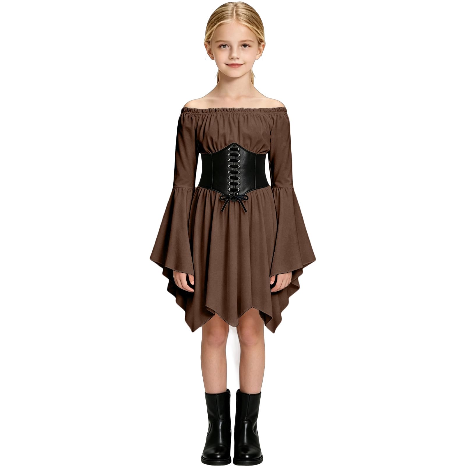 Girls Pirate Costume with Off Shoulder Dress and Corset Belt for 4-14 Years Pirate Costume Kids Halloween Costumes Medieval Renaissance Dress for Birthdays Carnival Christmas (A2-Coffee, 11-12 Years)