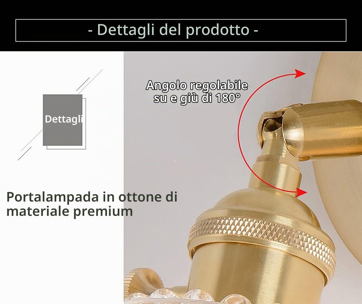 Chrasy Applique da Parete Orientabile in Vetro Trasparente Ottone E27 | Portalampada con Interruttore, Fascio Verso Alto e Basso, Angolo Regolabile a 180 Gradi, per Cucina Camera Bar Studio e Sala