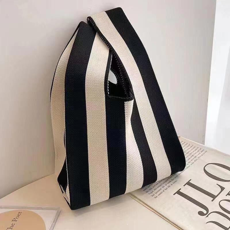 Image of Women Knitted Hobo Purse Stripes Crocheted Colorblock Knot Light Wristlet Tope-hanle Handbag For Shopping Work School
