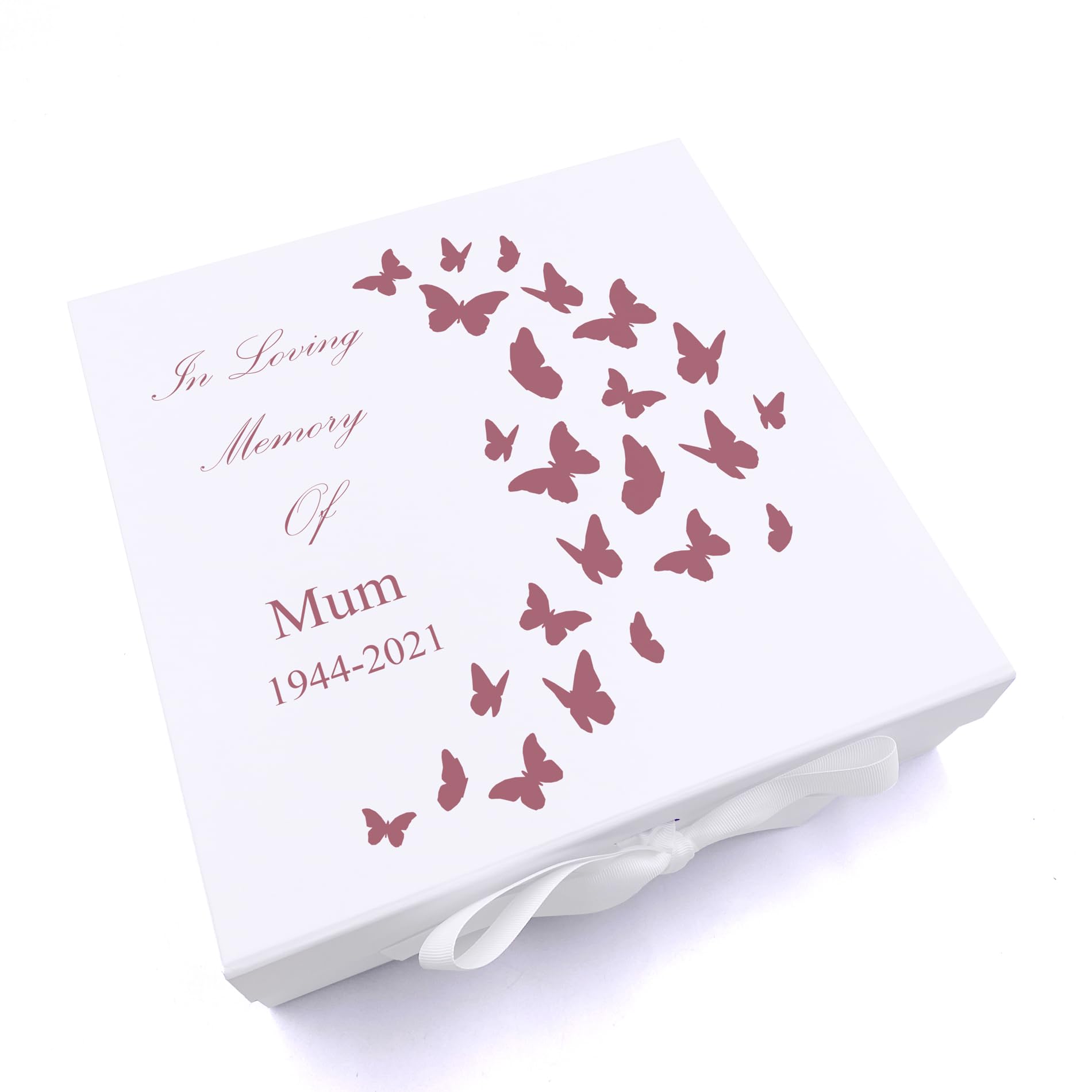 Ukgiftstoreonline White Personalised Mum In Loving Memory Butterflies Design Keepsake Memory Box (Medium Ribbon Box)