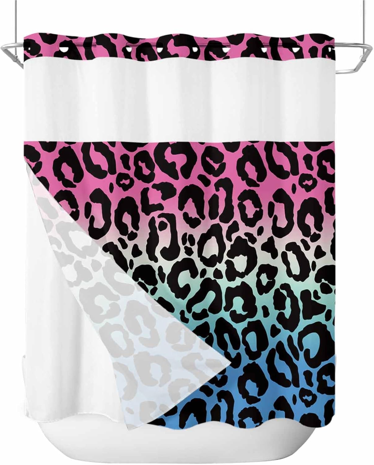 ALAGEO Shower Curtain with Snap-in Fabric Liner Set Ombre Leopard No Hook Shower Curtain with Mesh Top Window Pink Blue Green Gradual Color Shower Curtains Waterproof 66x72