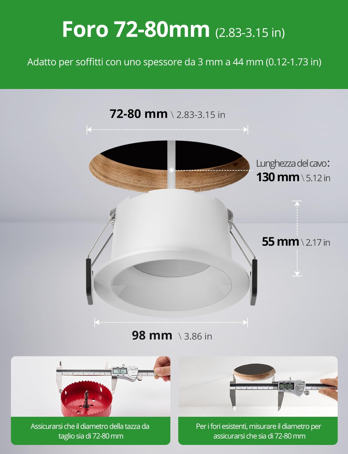 HOMEOW 20 Pezzi Faretti da Soffitto Antiriflesso, Foro 72mm - 80mm | Faretti LED da Incasso per Cartongesso 7W IP44 230V, Bianco Caldo 2700K Luce Naturale 4000K Bianca Fredda 6000K