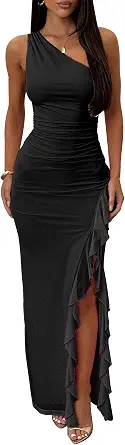 HOCILLE Women's One Shoulder Formal Long Dress with Ruched Bodycon Design