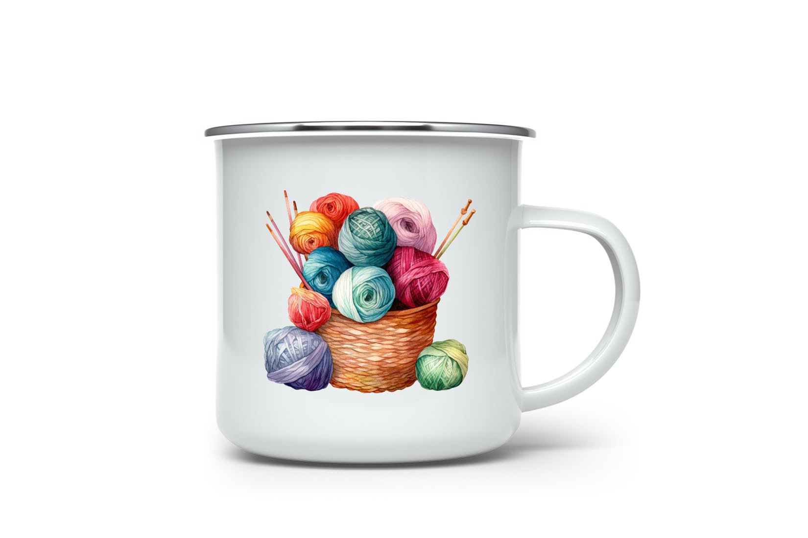 MAXIKIWI - Durable Enamel Coffee or Tea Camping Mug for Indoor Outdoor Use - Crochet Knitting Watercolor - 350ml