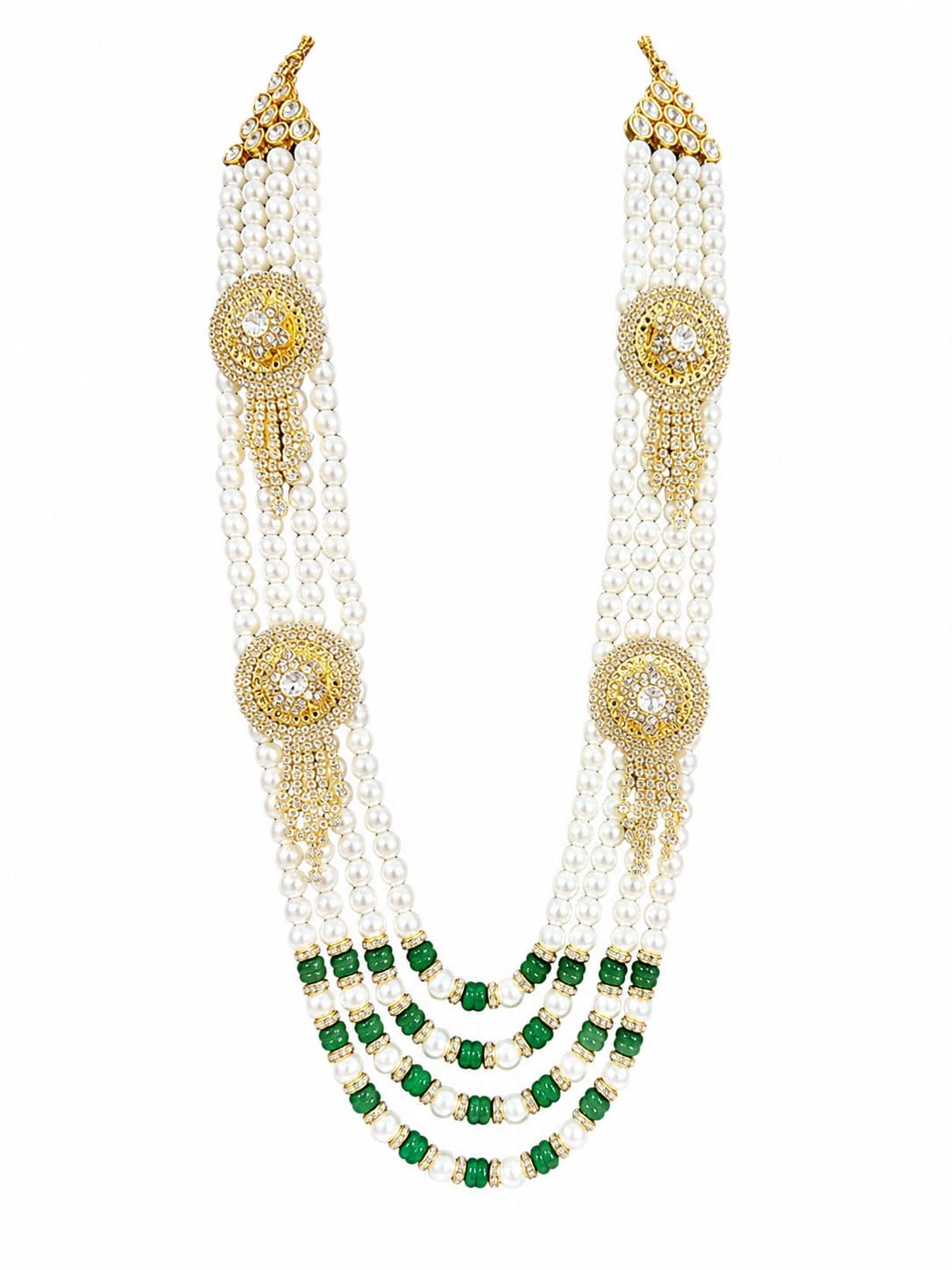 La Tux Traditional Groom Pearl Mala Necklace for Men | Multi-Layer White Pearl & Green Bead Wedding Haar with Gold-Tone Crystal Motifs | Sherwani Jewellery for Baraat, Reception & Ethnic Wear-image-22