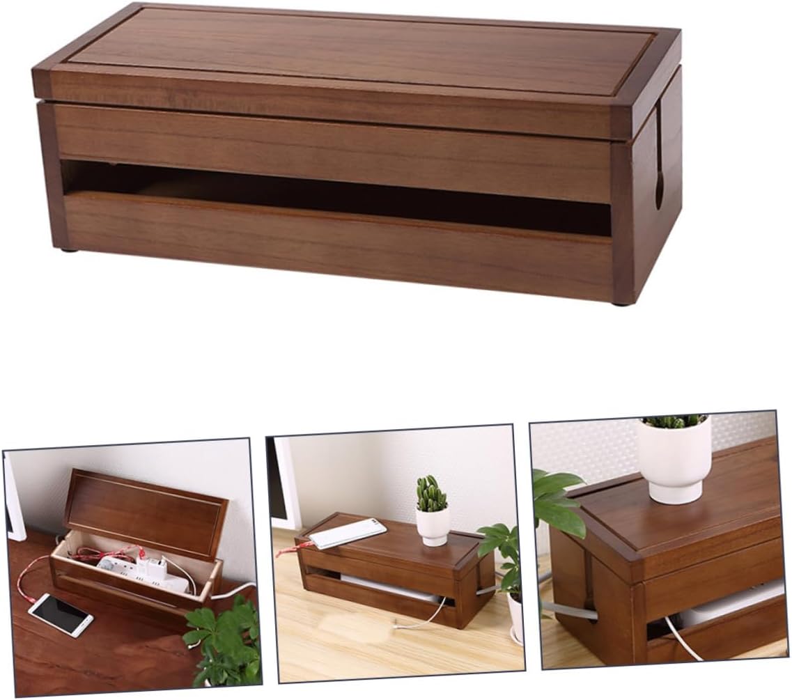 KICHOUSE 1pc Travel Cord Organizer Large Opening Socket Box Wood Cable Management Power Plug Arrangement Case