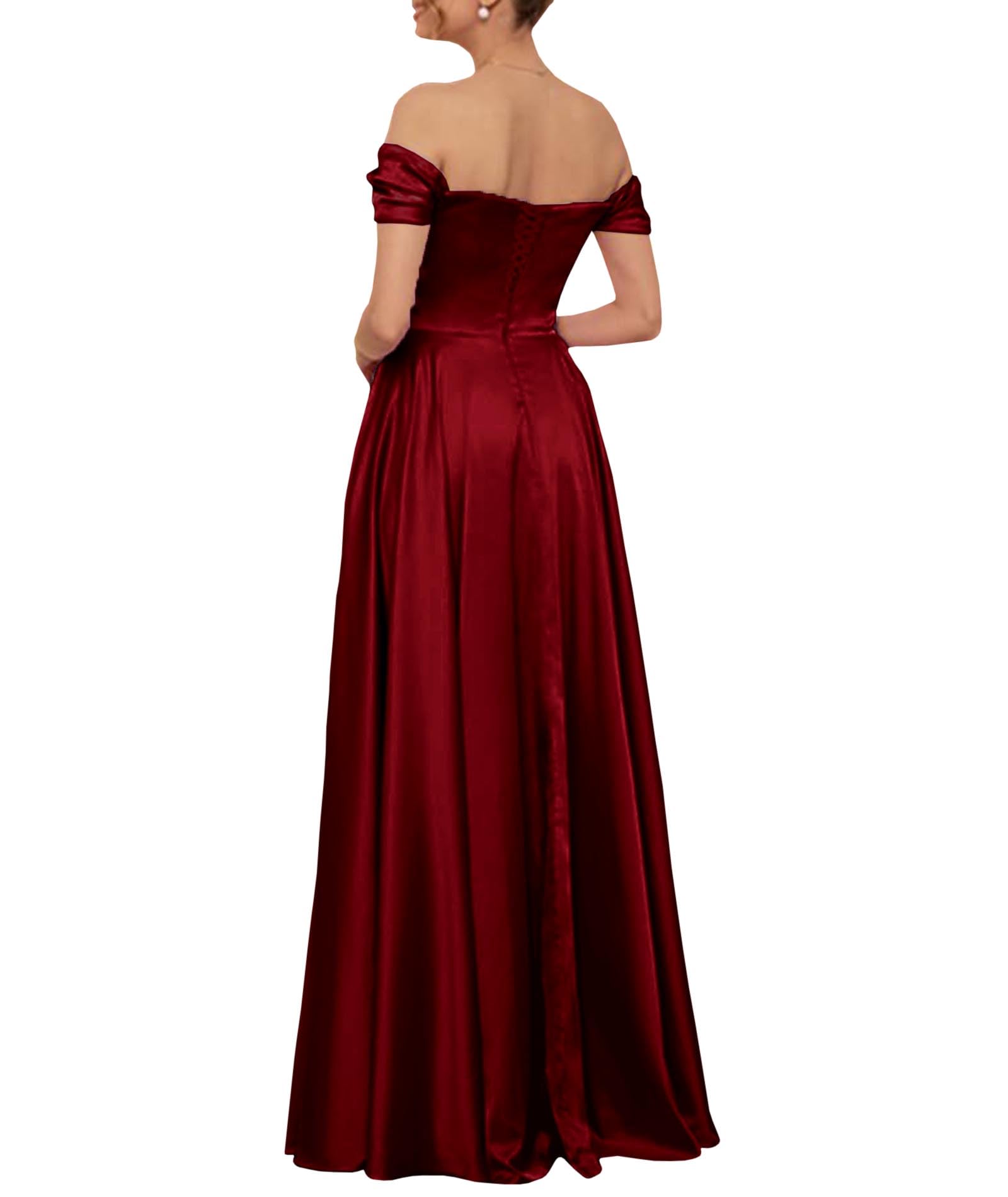 ECDAHICC Vestido de dama de honor sin hombros para mujer, de satén, con abertura larga, elegante, formal, línea A, vestido de boda y fiesta, granate, XL