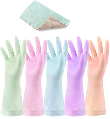 Juego de 5 pares de guantes de látex reutilizables e impermeables para el hogar para cocina, lavar platos, lavandería, limpieza de lavandería,