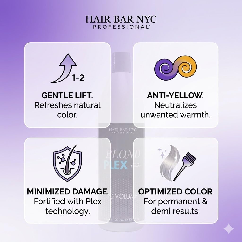 HAIR BAR NYC 20 Volume - Blond Plex Anti-Yellow Porfessional Lightening System for Charcoal Hair Bleach - Violet Developer with Plex, Reduce Brassy, Eliminates Orange Tones 33.8oz/1lt