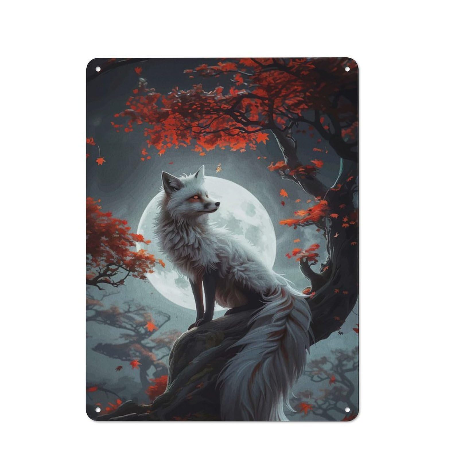Junmoney Style-12 Tin Wall Plaque 40X30cm With Art Fox Under Autumn Moon For Workshop Wall, With Clear Retro Wall Decor Character