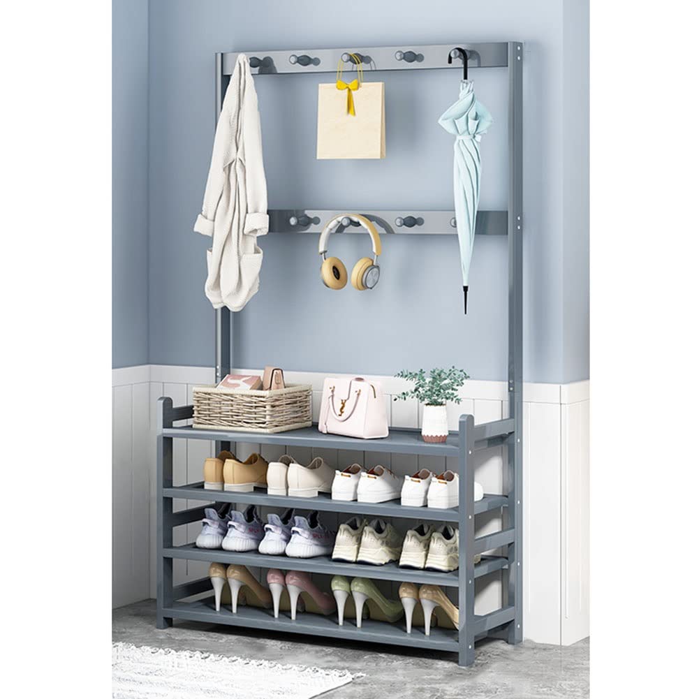 Exquisite Clothes Rail Rack Shoe Bench Coat Stand Rack Hanger 4-Tier Shoe Rack For Entryway Coat Rack Freestanding 3 In 1 Design Mudroom Storage Furniture Wood Double Hooks For Hallway Grey (Size :