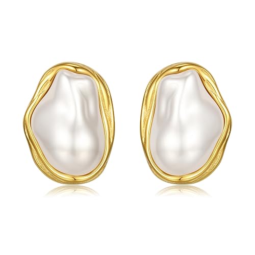 Dckazz Vintage Pearl Earrings Chunky 14K Gold Plated Pearl Earrings for Women Oval Stud Non Tarnish