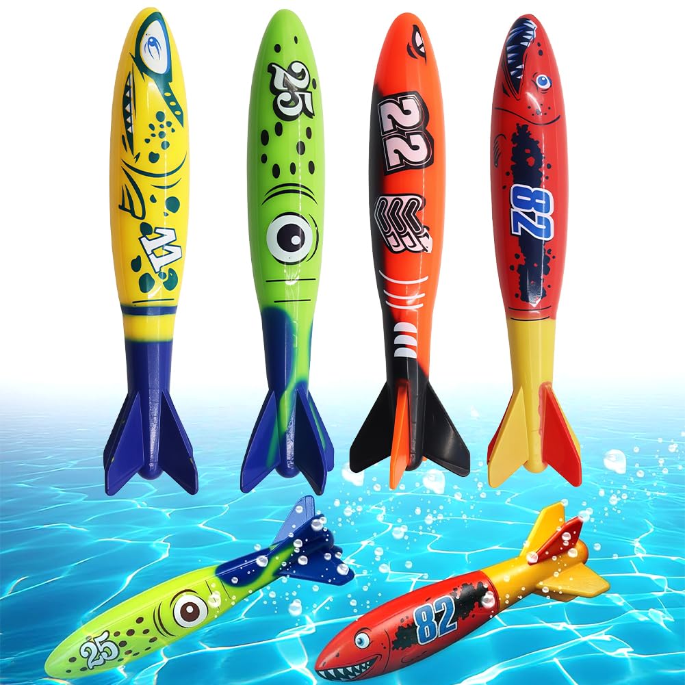 Spiritzohic Swimming Pool Toys, 4 PCS Shark Underwater Diving Toys Torpedo, Summer Swim Dive Training Water Fun Pool Games for Kids Swimming Gifts
