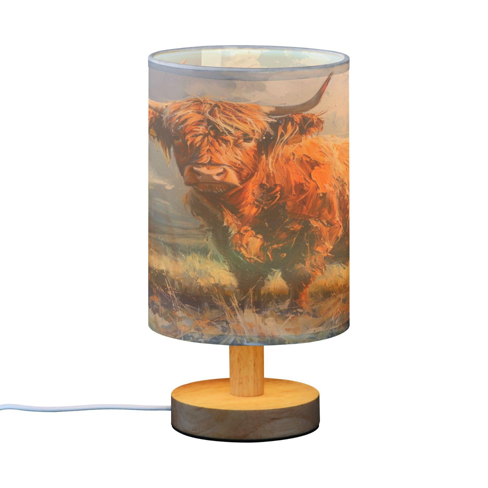 SDMKA Highland Cattle Pattern Bedside Table Lamp for Bedroom, Minimalist Nightstand Lamp with Round Fabric Shade for Living Room, Office, No Bulb Required