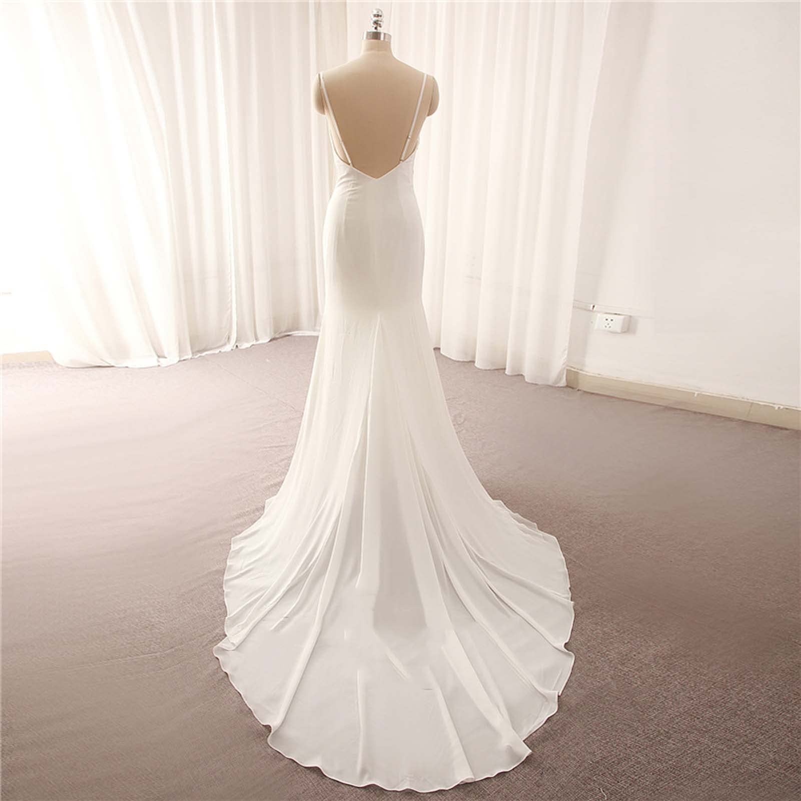 Brautkleid, Sexy Brautkleid mit V-Ausschnitt, Rückenfreies Brautjungfernkleid, Abendkleid für Hochzeitsfeier, WZEFEIO, Weiß, 2