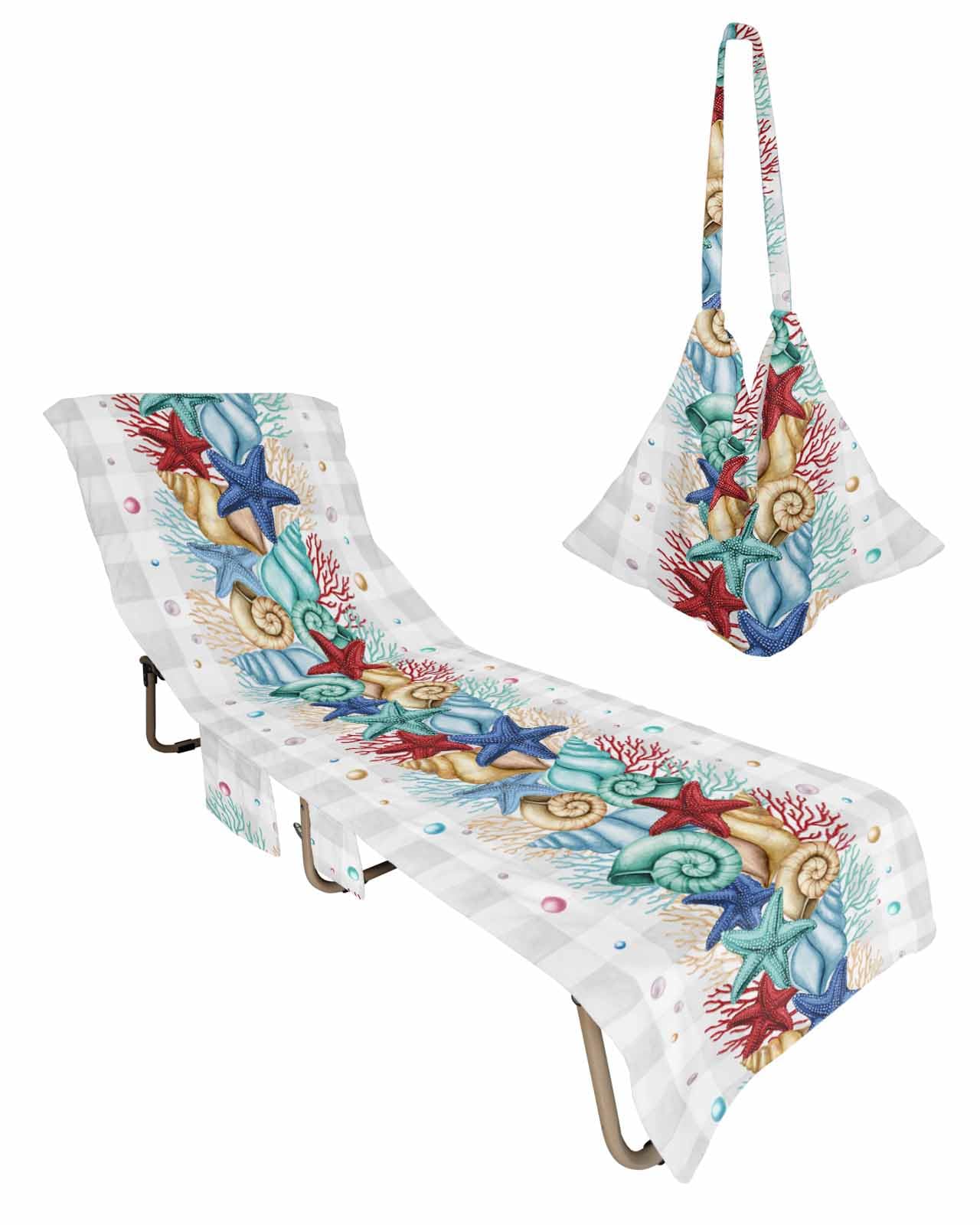 Grey Plaid Coastal Beach Lounge Chair Towel Cover, Soft Chaise Lounge Towel with Side Pockets Patio Pool Chairs Cover for Beach/Pool Sunbathing 29x85 Nautical Starfish Coral Shell Beach Ocean