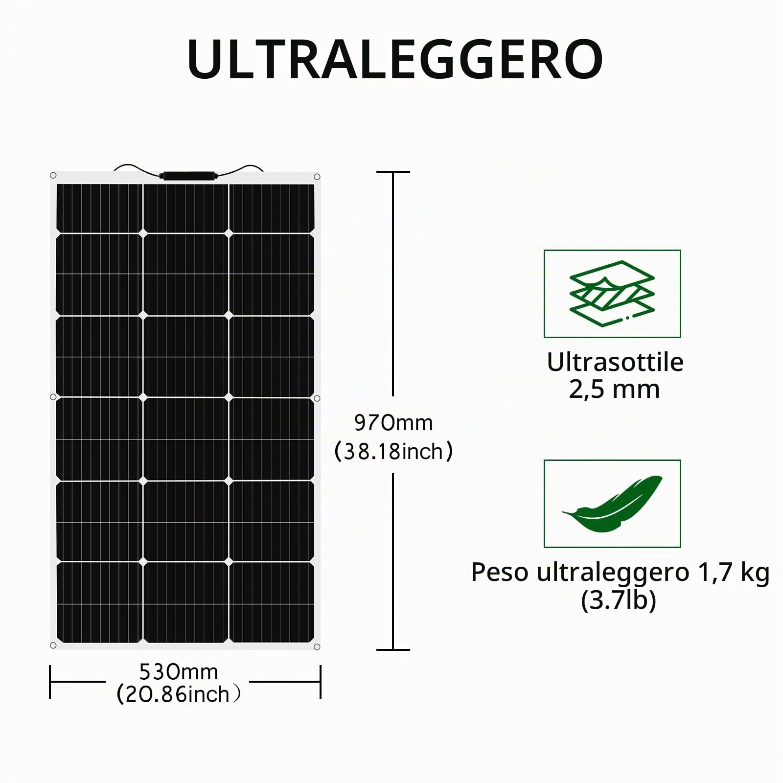 Pannelli Solari Monocristallini da 100W 12V Pannello Solare Flessibile ad Alta Efficienza per Batteria da 12V, camper, barca, auto, campeggio(100 Watt)