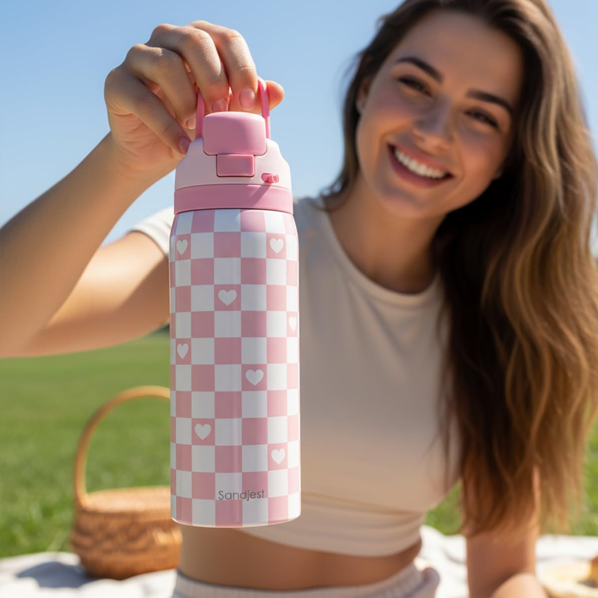 Checkered Heart Insulated Stainless Steel Water Bottle with Straw for Sports and Travel, 32oz, Gifts for Women Girls Friends Teens Birthday Christmas - Image 6