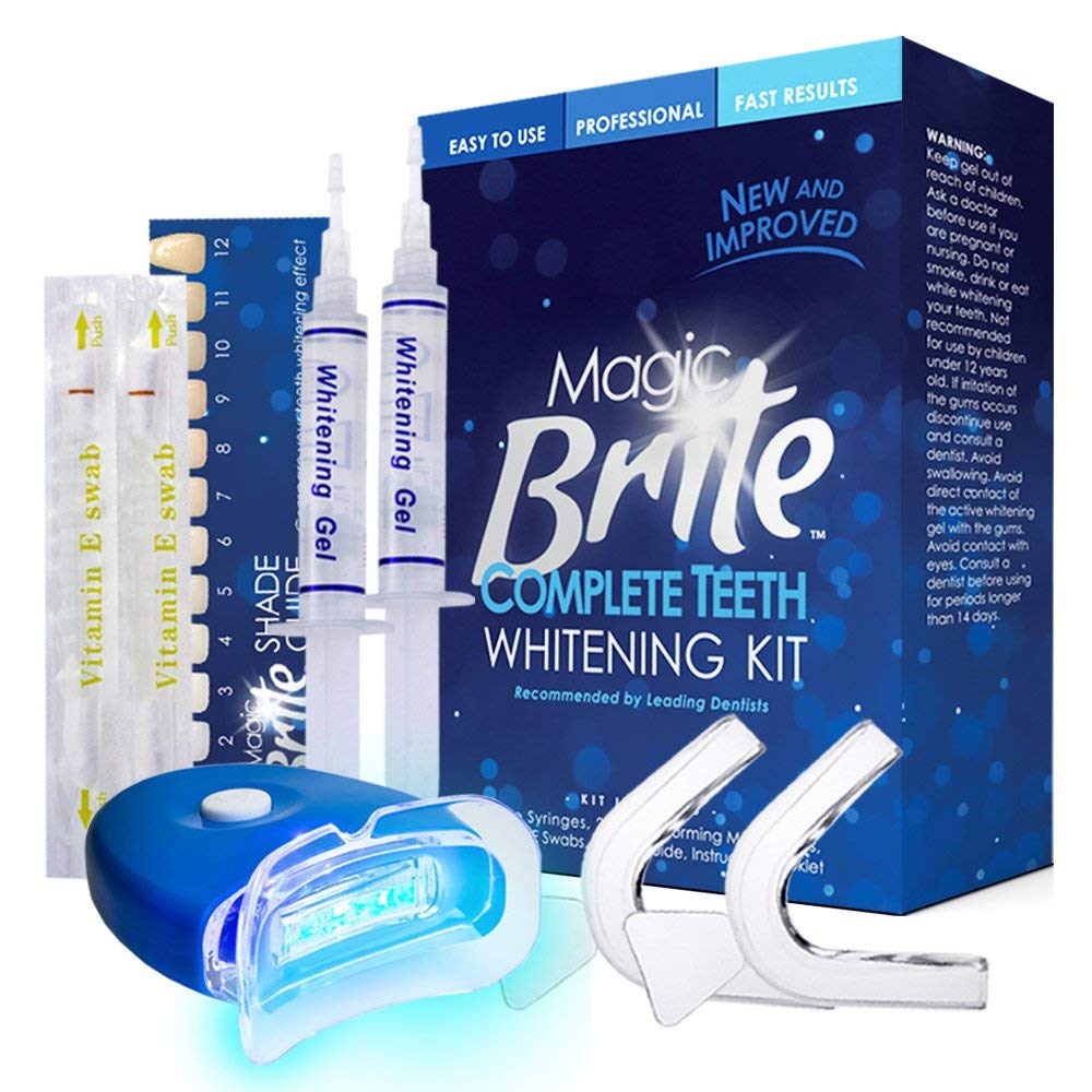 Pearl Enterprises MagicBrite Complete Teeth Whitening Kit at Home Whitener - LED Light, 35% Carbamide Peroxide, 2 Mouth Trays, (3) 3ml Gel Syringes, Painless Effective