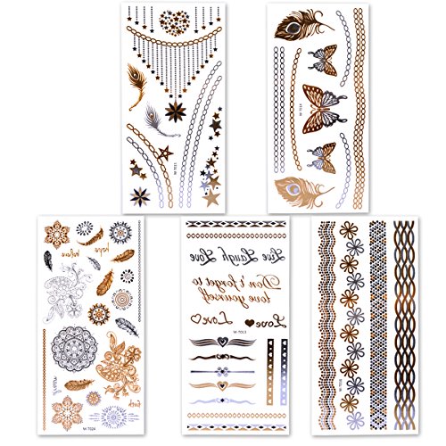 Lady Up Waterproof Metallic Temporary Tattoo 20 sheets in Gold Silver Tattoos,Shimmer Temporary Tattoos for Body Art - Thumbnail 2