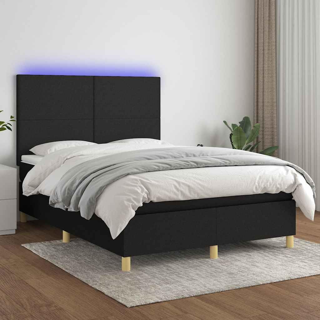 Tkanina z regulowanym zagłówkiem LED 140x200 cm Czarny | Łóżko kontynentalne z materacem 140x200 czarne z zagłówkiem LED do sypialni, tapicerowane, ze sprężynami kieszeniowymi
