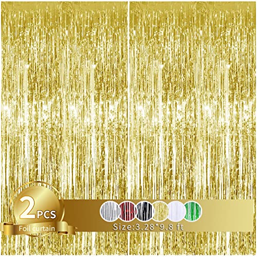 Image of TONIFUL 2Pcs Gold Metallic Tinsel Foil Fringe Curtains,Gold Photo Booth Backdrop Streamer Curtain Photo Booth Props for Bachelorette Party,Birthday,Graduation,Christmas Decor(6.6ft x 9.9ft)