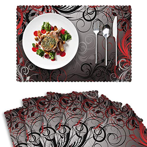 Britimes Set of 6 Placemats Abstract Red and Black Lines Kitchen Decorative Polyester Non-Slip and Heat-Resistant 12x18 Inches Place Mats for Dining Table