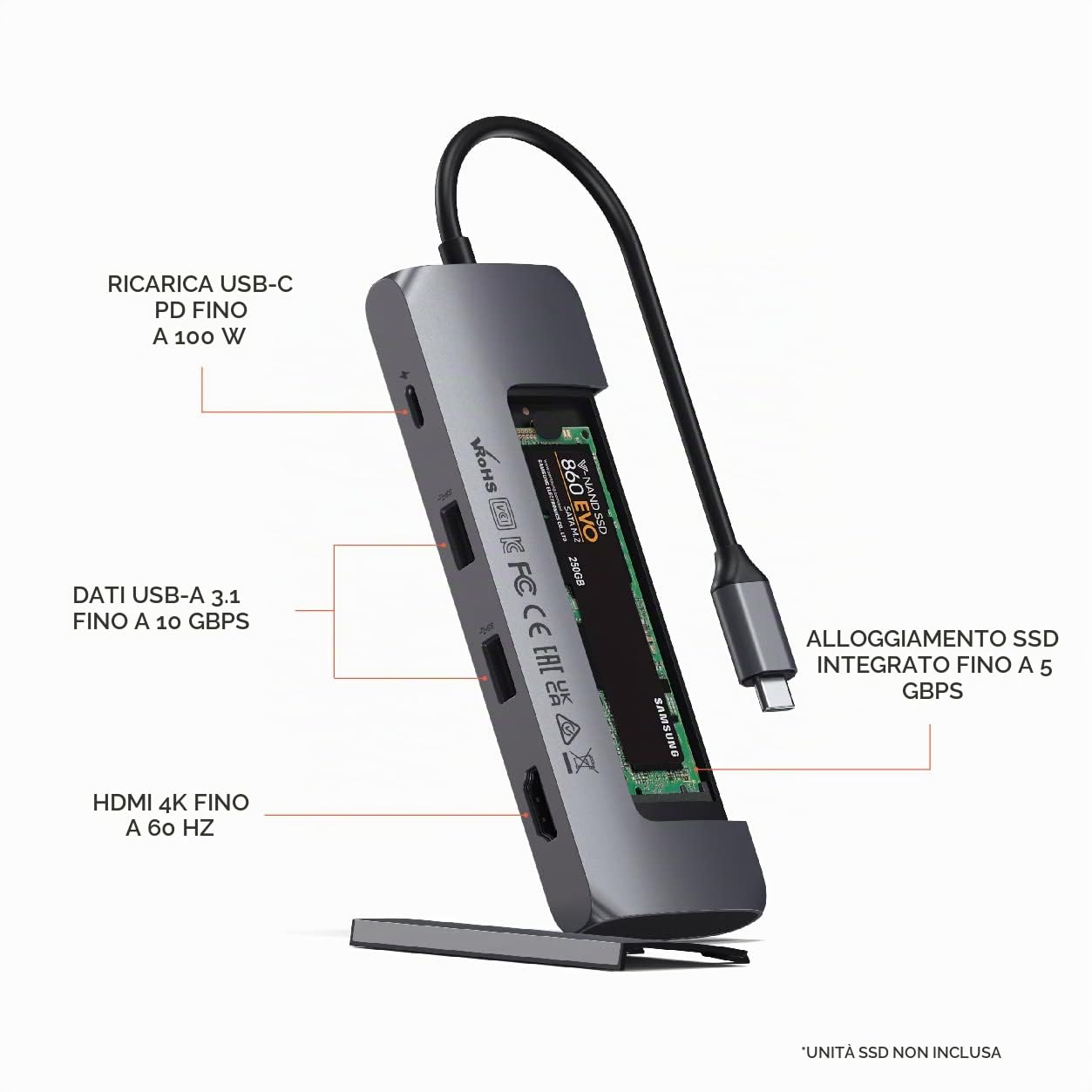 SATECHI Hub USB C 5 in 1, Alloggiamento SSD M.2 SATA, 100W, Grigio | HDMI 4K@60Hz, 2 Porte USB-A 3.1 10Gbps, per MacBook Air/Pro/Neo, laptop Windows e altro