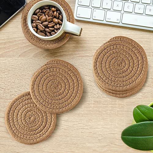 GeeRic 6 Pcs Bar Coasters for Drinks, Handmade Braided Woven Drink Coaster Set, Beermat Beverage Coaster 4.3” Non Slip Coasters, Flaxen - Thumbnail 3
