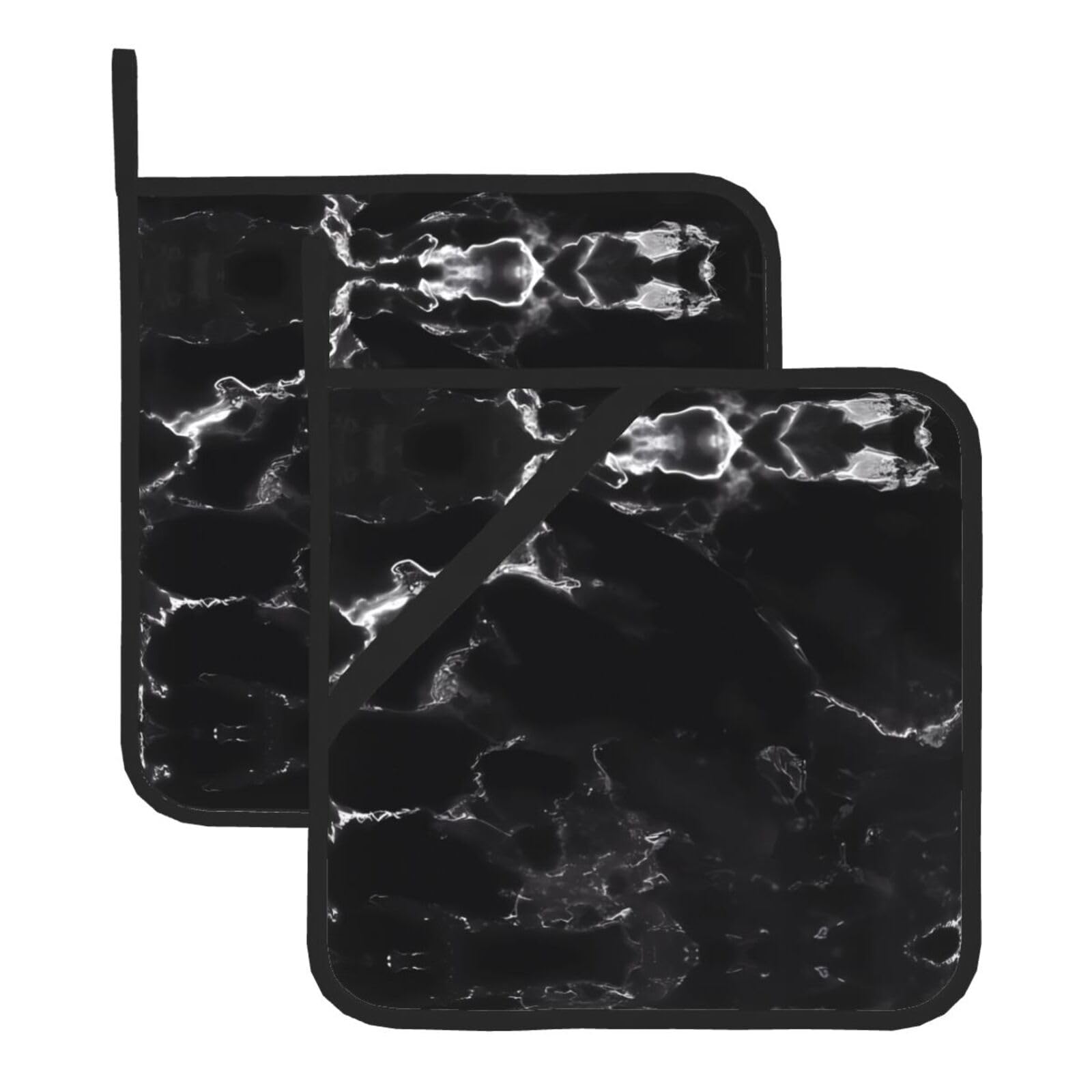 WHJSHOP Black Marble Prints Square Hot Pads for Kitchen - Waterproof Pot Covers with Hanging Loops - Thick Heat Resistant Trivets for Serving & BBQ, 2-Piece Set