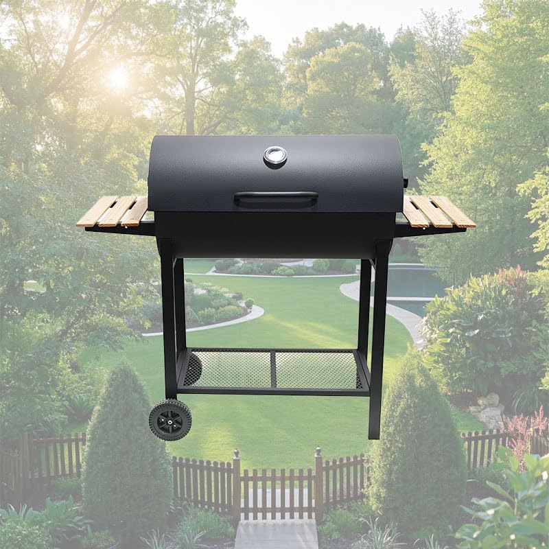 Parrilla de carbón con dos mesas laterales, parrilla de barbacoa de acero resistente para pícnics al aire libre, patios traseros y fiestas