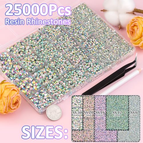 Image of 25000Pcs Resin Rhinestones with Tweezers for Crafting, AB 2-6mm Mixed Sizes Non Hotfix Flatback Gems, Bedazzling Crystal for DIY Craft Clothing Mugs Tumblers Shoes Fabric Decor Nail Art