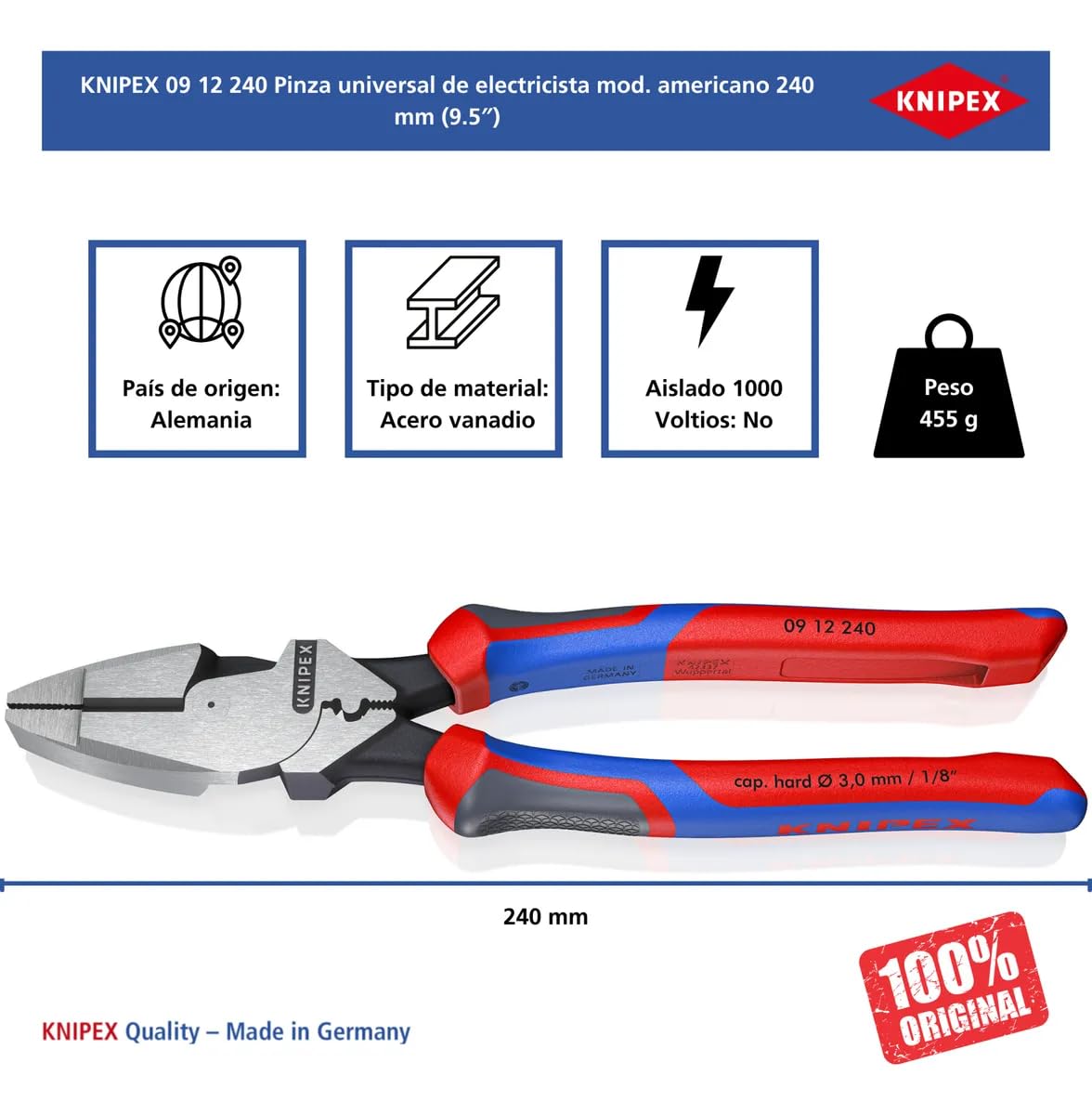 KNIPEX Alicate universal de fuerza "Lineman" modelo americano con cartulinas autoservicio con mangos confort 240 mm, 09 12 240 SB | Con asas Comfort de 240 mm