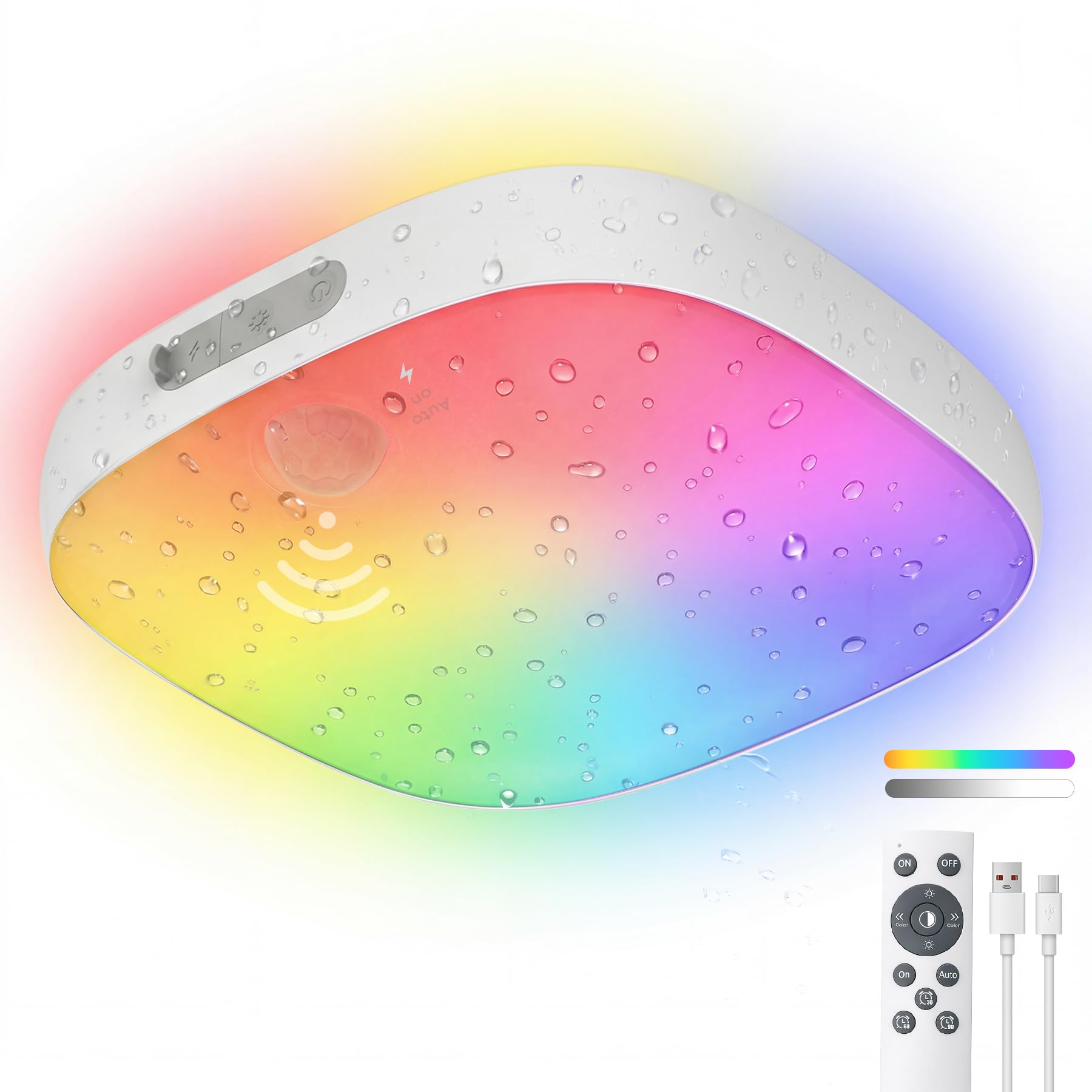 Akku Deckenleuchte mit Bewegungsmelder & Fernbedienung, Wasserdichte Duschlampe IP65 – 10000mAh Aufladbar LED Deckenleuchte mit 18 Farben,Timer – Außen-Deckenlampe für Badezimmer Keller Treppe