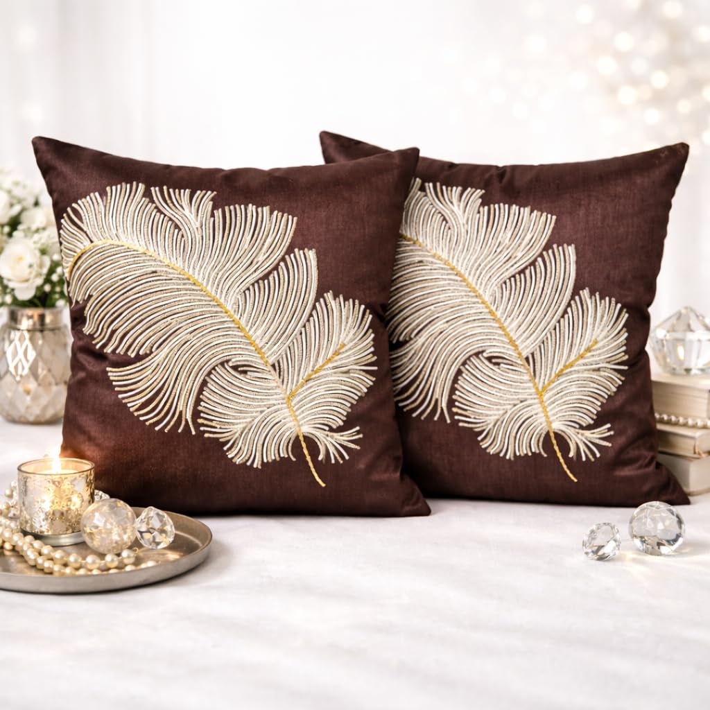 Decorative Bangalori Silk Cushion Covers with Golden Embroidered Feather Design – Premium Throw Pillow Covers for Sofa, Bed & Living Room 16x16 Inch (Set of 2) (Dark Brown)-image-25