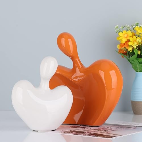 Miniatura 3 de DOVDOV Estatua de amor de cerámica, pareja masculina y femenina abrazando la escultura, decoración del hogar naranja y blanco, boda para padres,