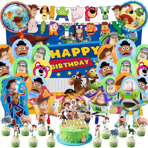 Toy Birthday Decorations for Boys Girls-38PCS Kids Party Decorations Set with Happy Birthday Banner Latex Ballons Birthday Photography Backdrop Cake Toppers for Toy Theme Party Supplies Decoration