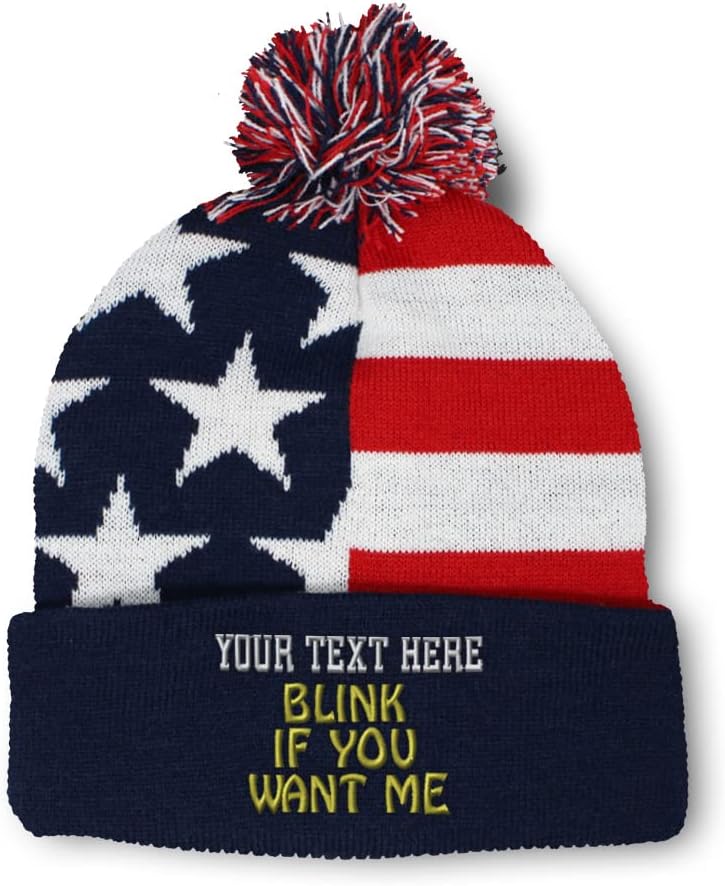 Custom Pom Pom Beanies for Women Blink If You Want Me Embroidery Skull Cap Novelty Humor Winter Hats for Men Acrylic 1 Size American Flag Personalized Text Here