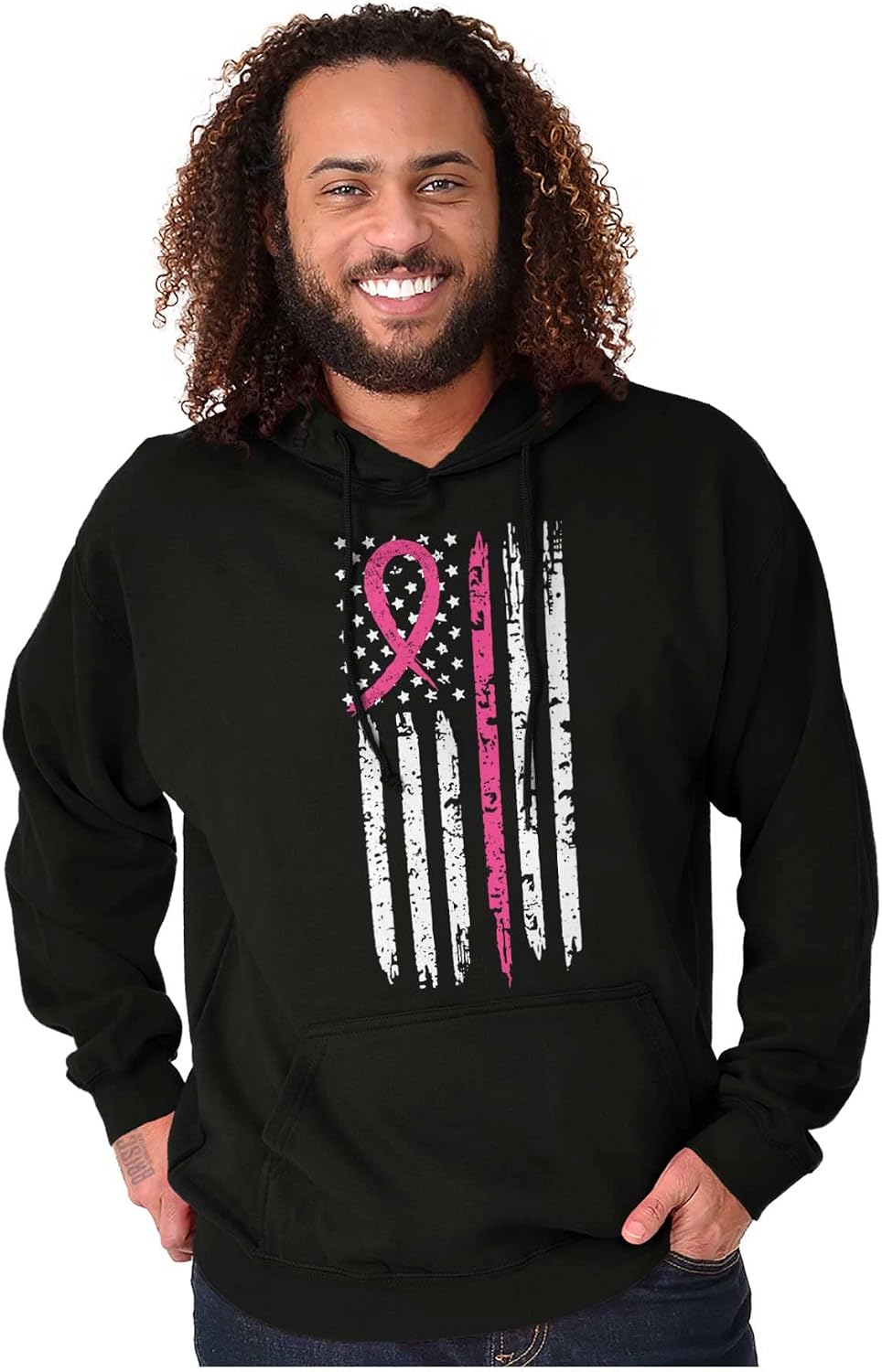 Brisco Brands Breast Cancer Pink Line American Flag Hoodie Sweatshirt Women Men