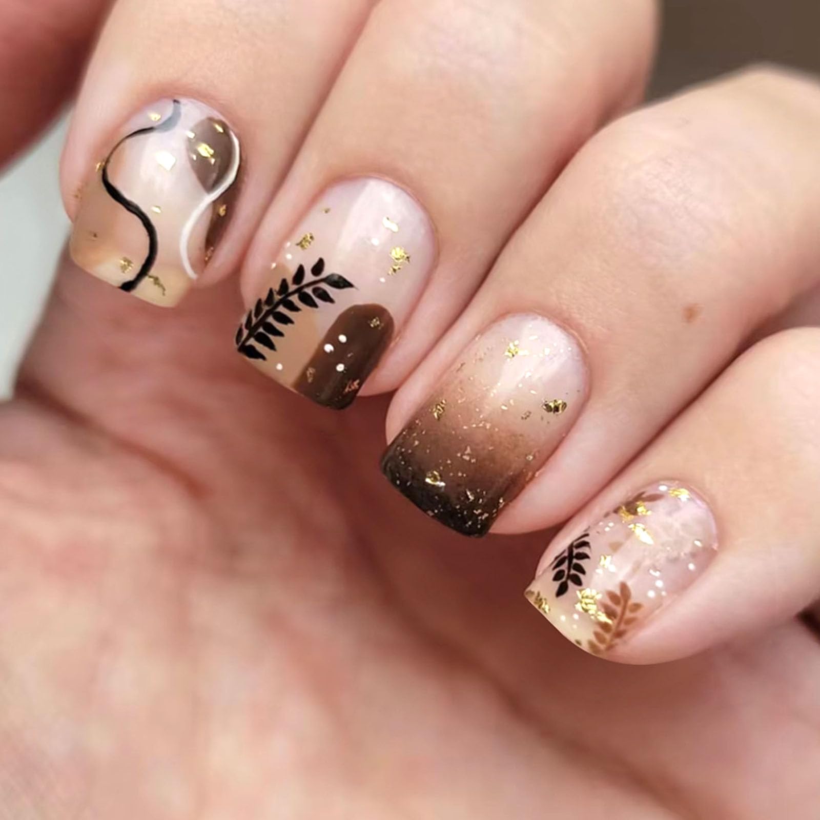 Fall Press on Nails Short Square Acrylic Nails Ombre French Tip Fake Nails with Swirl Leaves Dot Designs Golden Glitter Glue on Nails Nude Full Cover