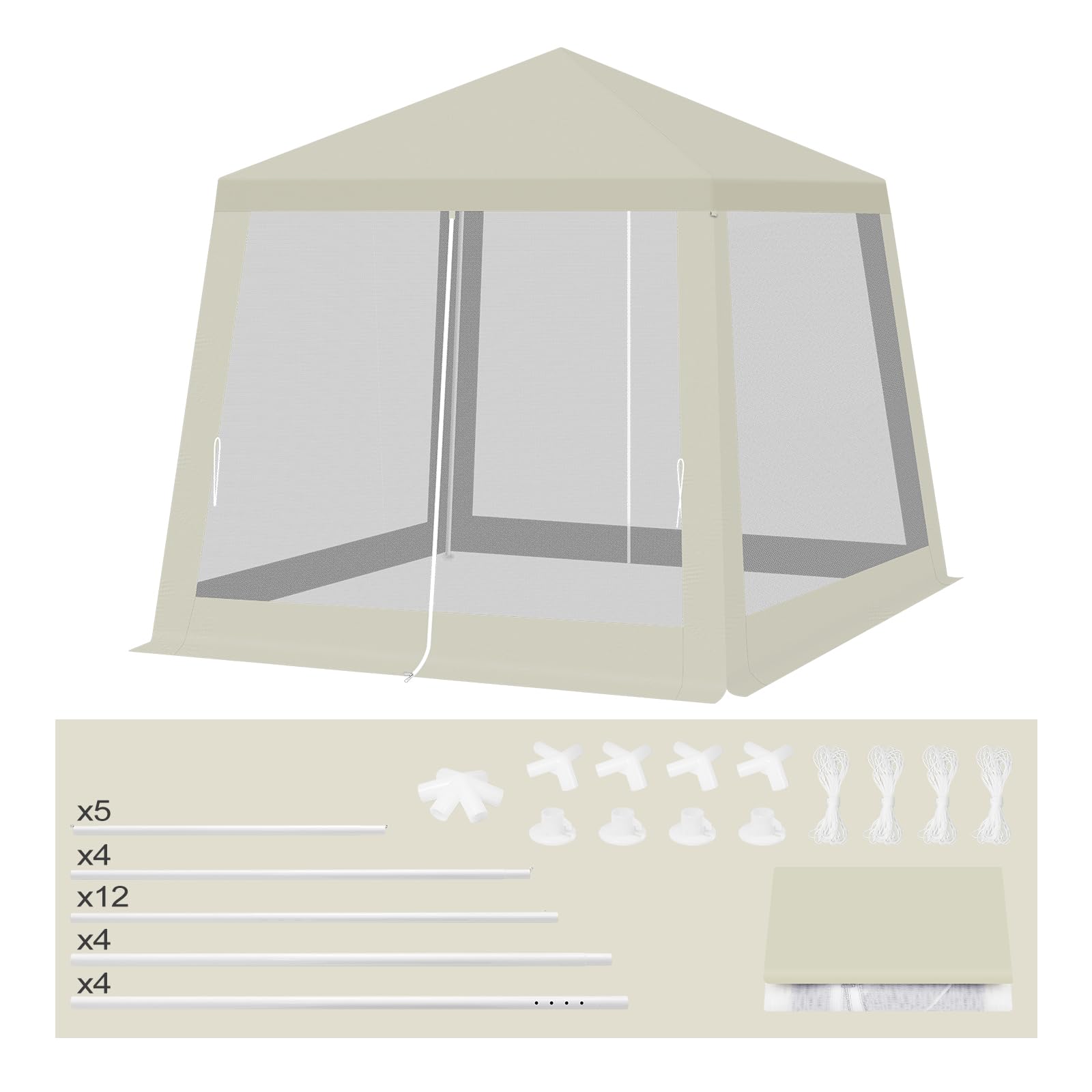 WOLTU Pérgola Plegable de Jardín con Techo y Paredes de Malla - Pabellón Cenador 3x3 m para Exteriores, Camping, Playa - Tela Oxford, Beige