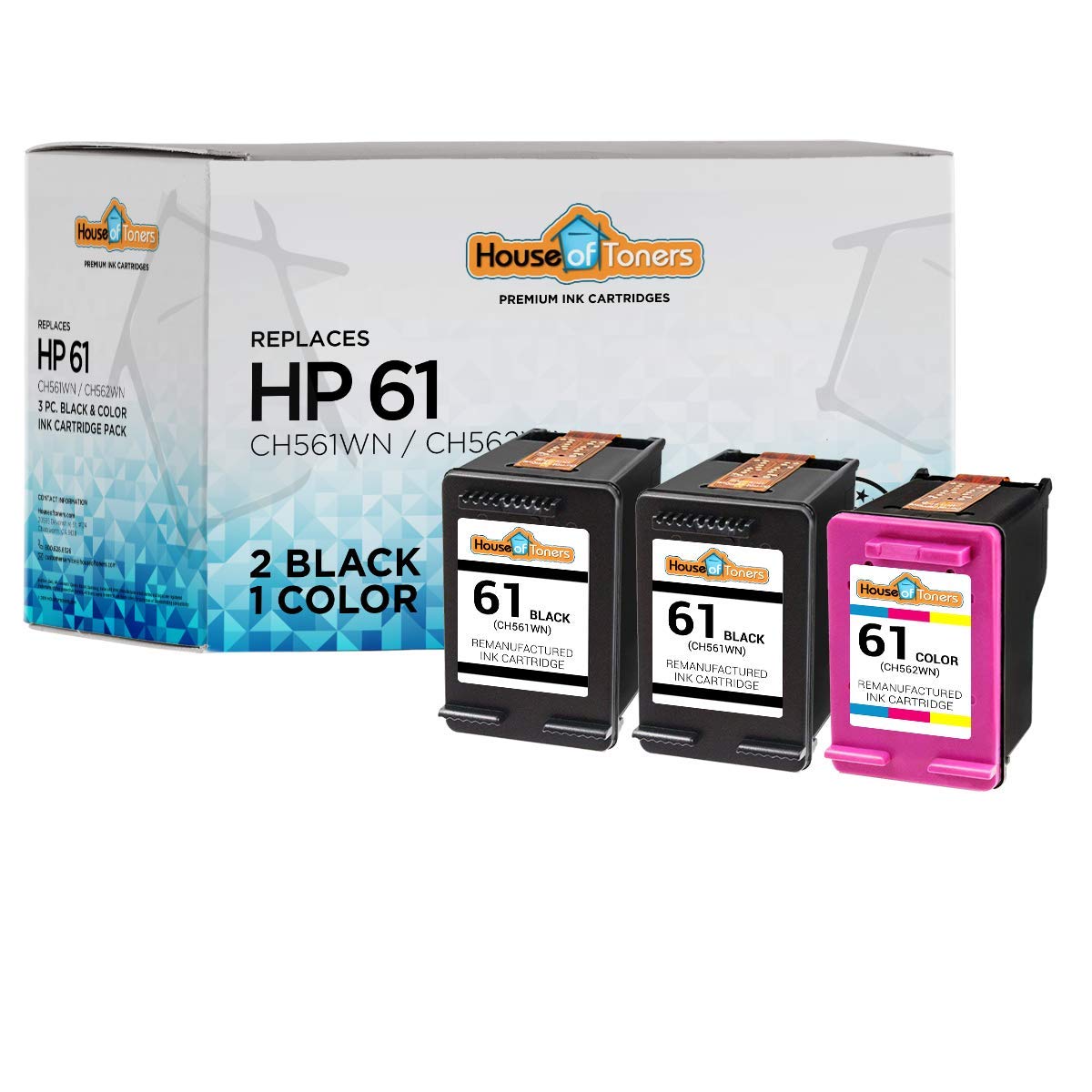Houseoftoners Remanufactured 3-Pack Ink Cartridge, Replacement for HP 61XL Black and Color Envy 4500 5530 5534 5535 Deskjet 1000 1056 1010 1510 1512