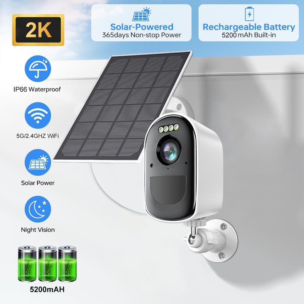 Security Cameras, Wireless Camera Outdoor Powered by Solar & Battery, 2K Cameras for Home Security, Color Night Vision, PIR Motion Detection,2-Way Talk,SD/Cloud Storage,2.4G/5GHz Wifi Solar Camera