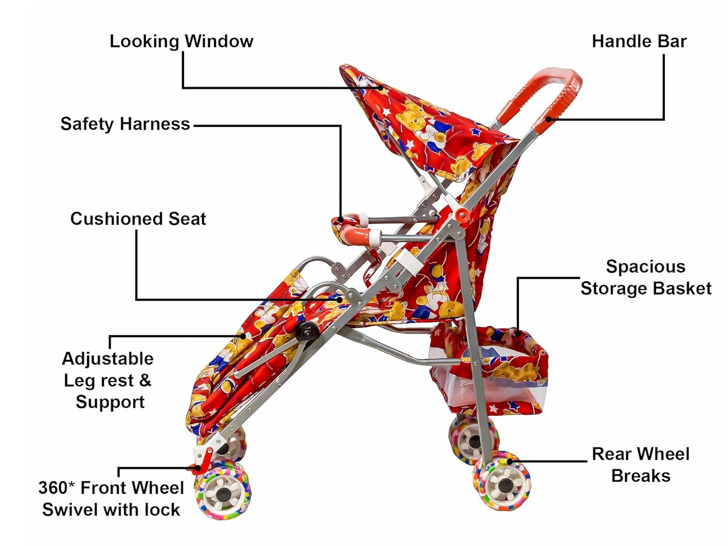 Maanit Teady Bear Stroller Foldable Babies Pram for Baby Ages 3 Years & Above (Red) 2