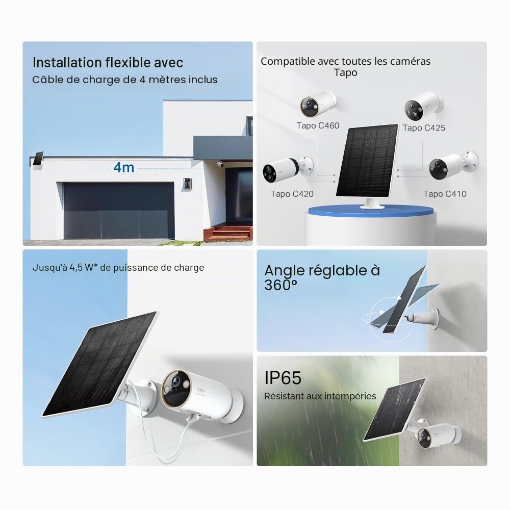 Tapo A202 Panneau Solaire 4,5 W, 5,2 V, adapté à la caméra à Pile, Installation Flexible, Charge à Haute efficacité, IP65, réglable à 360 °, câble de Charge de 4 m