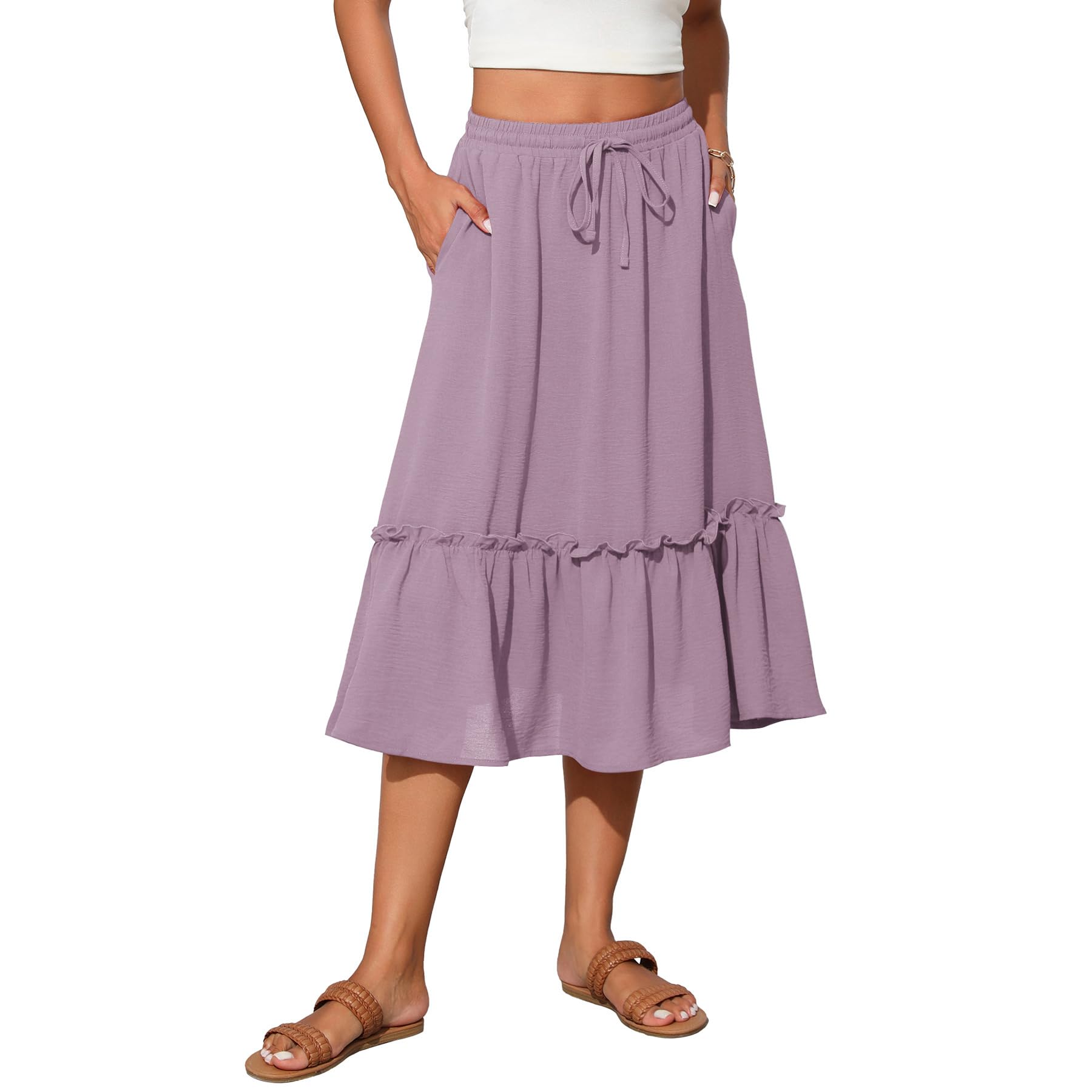 Witsmile Womens High Waist Tiered Midi Skirt Flowy Long Length with Pockets