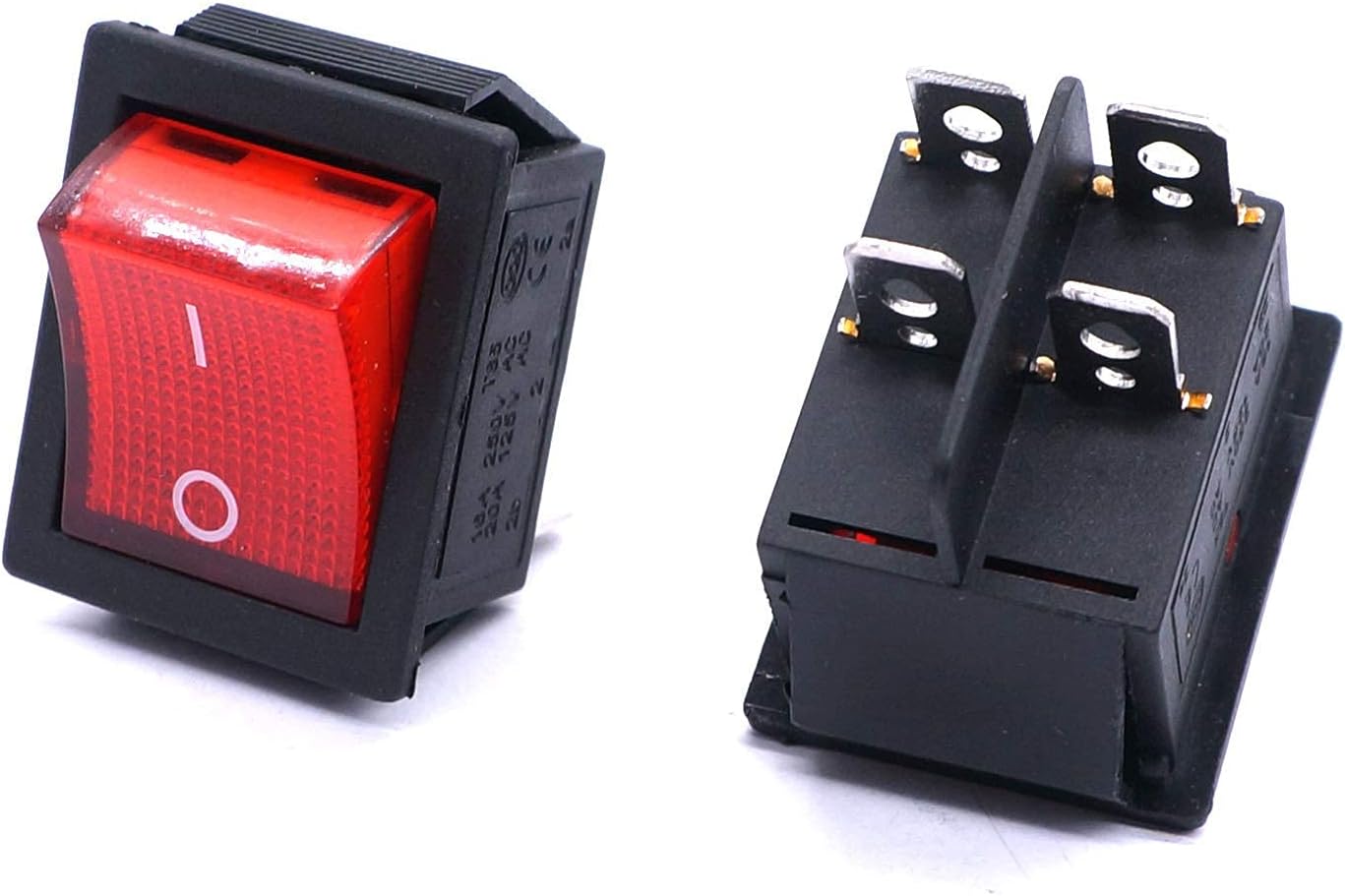 5Pcs AC 250V/16A 125V/20A Red Light Illuminated ON/Off DPST 4 Pin 2 Position Toggle Rocker Switches+12Pcs 6.3mm