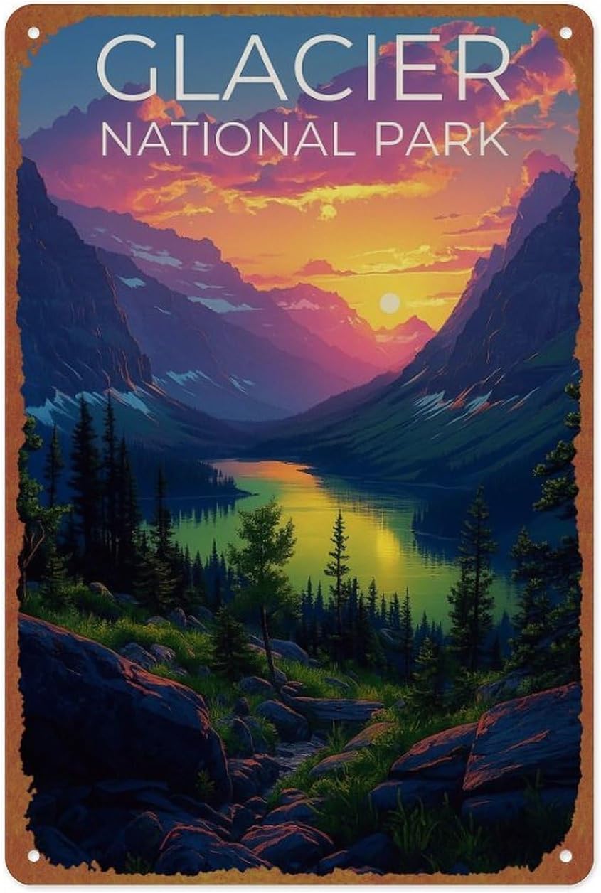 Glacier National Park - Montana, Mountain, Lake Posters Aluminum Metal Sign 8x12 Inch For Living Room Bedroom Bathroom Decoration