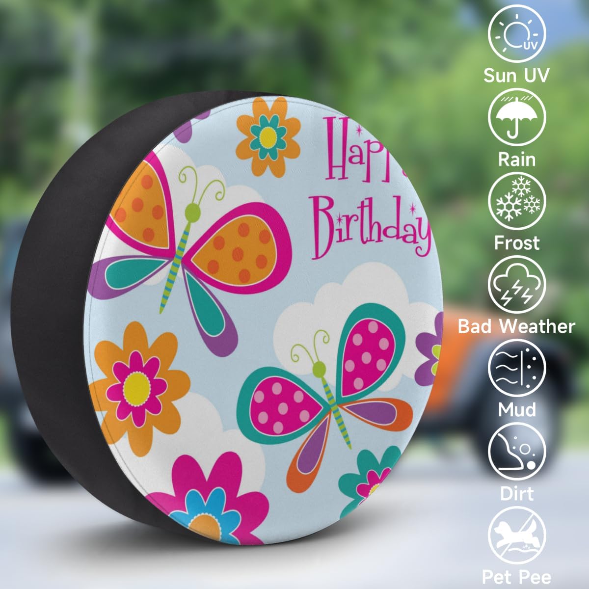 Happy Birthday Butterfly Tire Covers Portable Spare Tire Cover Soft Durable Waterproof Dustproof 3 Sizes 14 15 16 Inches for Car Truck SUV Trailer Camper