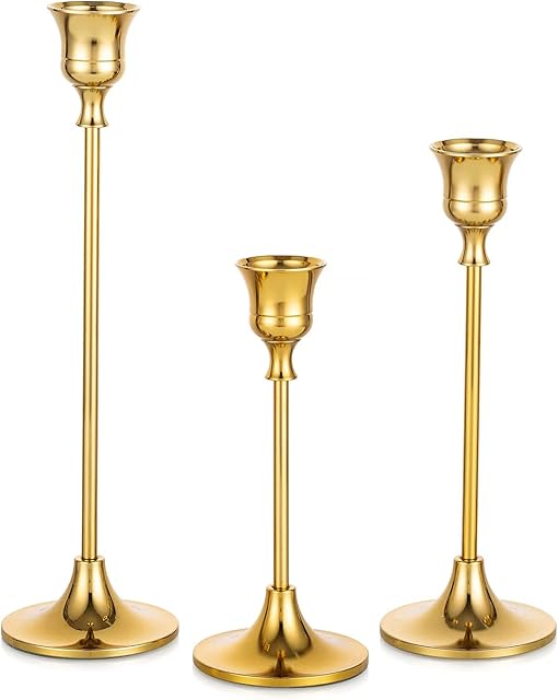 Romadedi Candlestick Holder Metal Gold 1 Set/3 PCS Decorative Candle Holder for Taper Candle for Fireplace Mantel Dinning Table Home Decorations